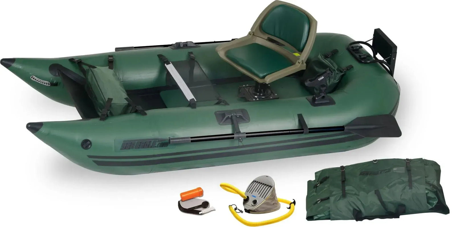 Hunter Green Sea Eagle 285 Frameless Pontoon Boat, inflatable U-hull fishing boat with seat, oars, pump, and carry bag.