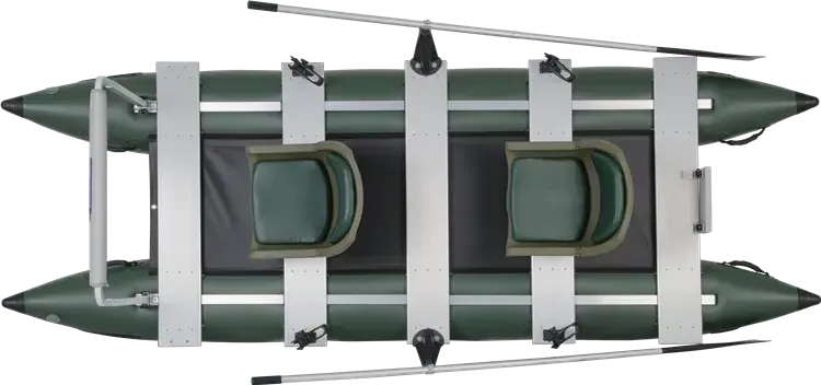 Dark Hunter Green Sea Eagle 375fc FoldCat inflatable fishing boat with two seats and oars.