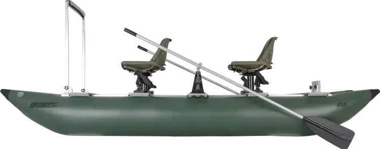 Dark Hunter Green Sea Eagle 375fc FoldCat inflatable fishing boat with two seats, oars, and a standing bar.