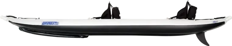 White and black Sea Eagle 385ft FastTrack inflatable kayak with two black seats and NeedleKnife Keel.