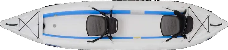 Top-down view of a white and blue Sea Eagle 385ft FastTrack inflatable kayak with two black seats.
