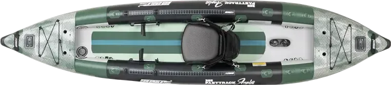 Overhead view of a green and white Sea Eagle 385fta FastTrack Angler inflatable kayak with a black seat.