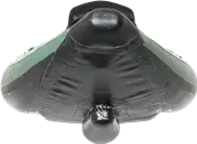 Front view of a green and black Sea Eagle 385fta FastTrack Angler inflatable kayak with a sharp bow and NeedleKnife keel.