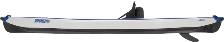 White and blue Sea Eagle 393rl RazorLite inflatable kayak with black fin and seat.