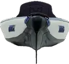 Front view of a white, blue, and black Sea Eagle 393rl RazorLite inflatable kayak with a sharp bow.