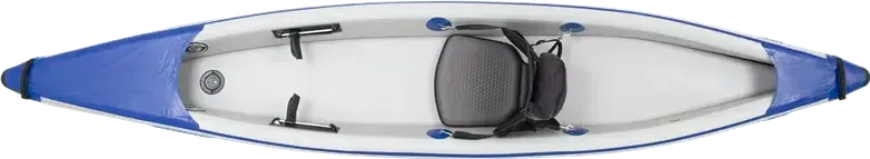 Top-down view of a blue and white Sea Eagle 393rl RazorLite inflatable kayak with a black seat and footrests.