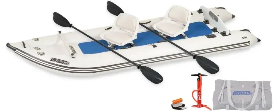 White Sea Eagle 437ps PaddleSki inflatable catamaran with two seats, paddles, pump, and carry bag.