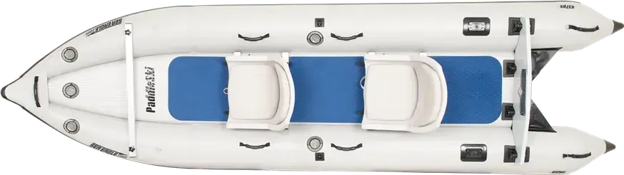 Top-down view of a white Sea Eagle 437ps PaddleSki inflatable catamaran with blue deck and two white seats.