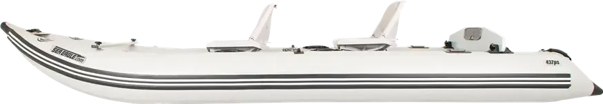 White Sea Eagle 437ps PaddleSki inflatable catamaran boat with two seats and black stripes.