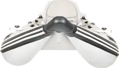 Top-down view of a white Sea Eagle 437ps PaddleSki inflatable catamaran boat with black stripes.