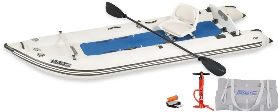 White Sea Eagle 437ps PaddleSki inflatable catamaran boat with a paddle, seat, pump, and carry bag.