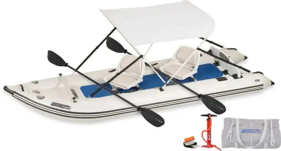 White Sea Eagle 437ps PaddleSki inflatable catamaran with two seats, canopy, paddles, pump, and carry bag.