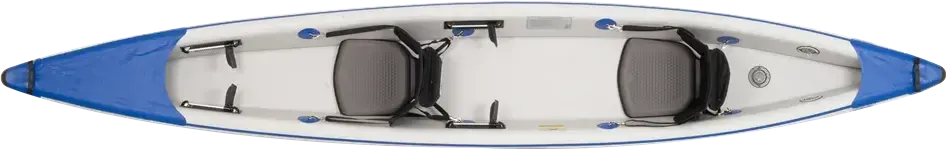 Top-down view of a white and blue Sea Eagle 473rl inflatable tandem kayak with two gray seats.