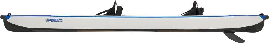White and blue Sea Eagle 473rl RazorLite inflatable kayak with two black seats and a fin.