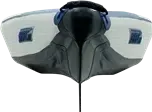 Sea Eagle 473rl inflatable kayak, white and gray with a black tapered hard-nose bow and fin.