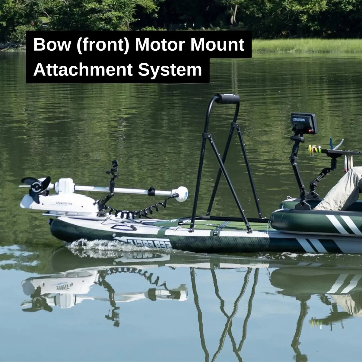 Sea Eagle FS1210 FishSUP with a white bow-mounted eLite electric motor and fishing gear on calm water.
