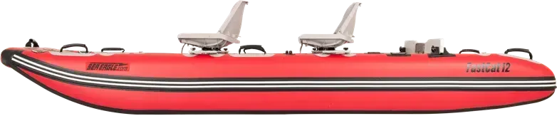 Red Sea Eagle FastCat12 inflatable catamaran boat with two gray seats and black trim.