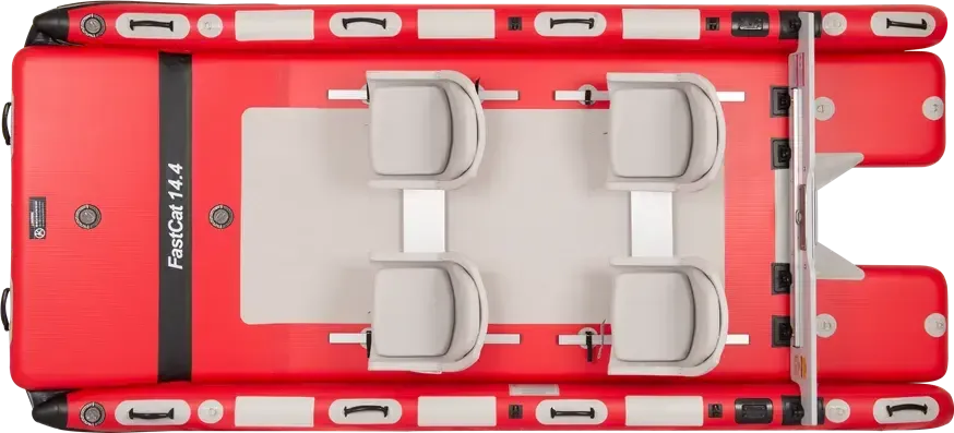 Top-down view of a red Sea Eagle FastCat 14.4 inflatable catamaran with four grey seats and a light deck.
