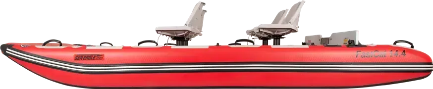 Red Sea Eagle FastCat14 inflatable catamaran with two grey swivel seats and black handles.