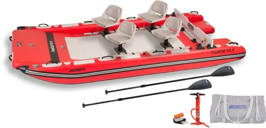 Red Sea Eagle FastCat 14.4 inflatable catamaran with four tan swivel seats, two paddles, pump, and carry bag.