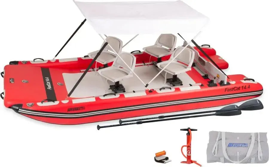 Red Sea Eagle FastCat 14.4 inflatable catamaran with four swivel seats, white canopy, paddles, pump, and carry bag.