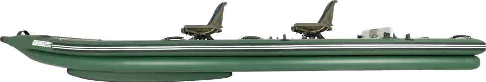 Green Sea Eagle FishSkiff 16 inflatable fishing boat with two swivel seats and external keel.