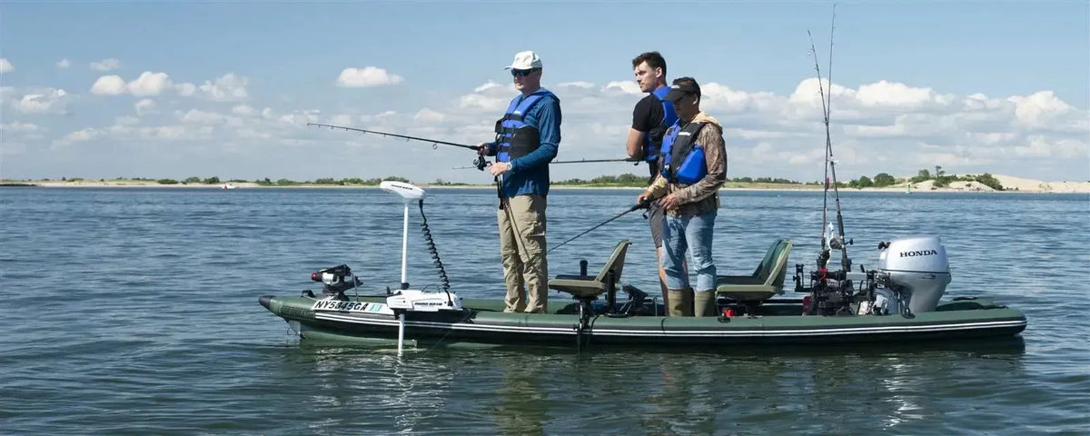 Three men fishing from a green Sea Eagle FishSkiff 16 inflatable boat with a Honda outboard motor.