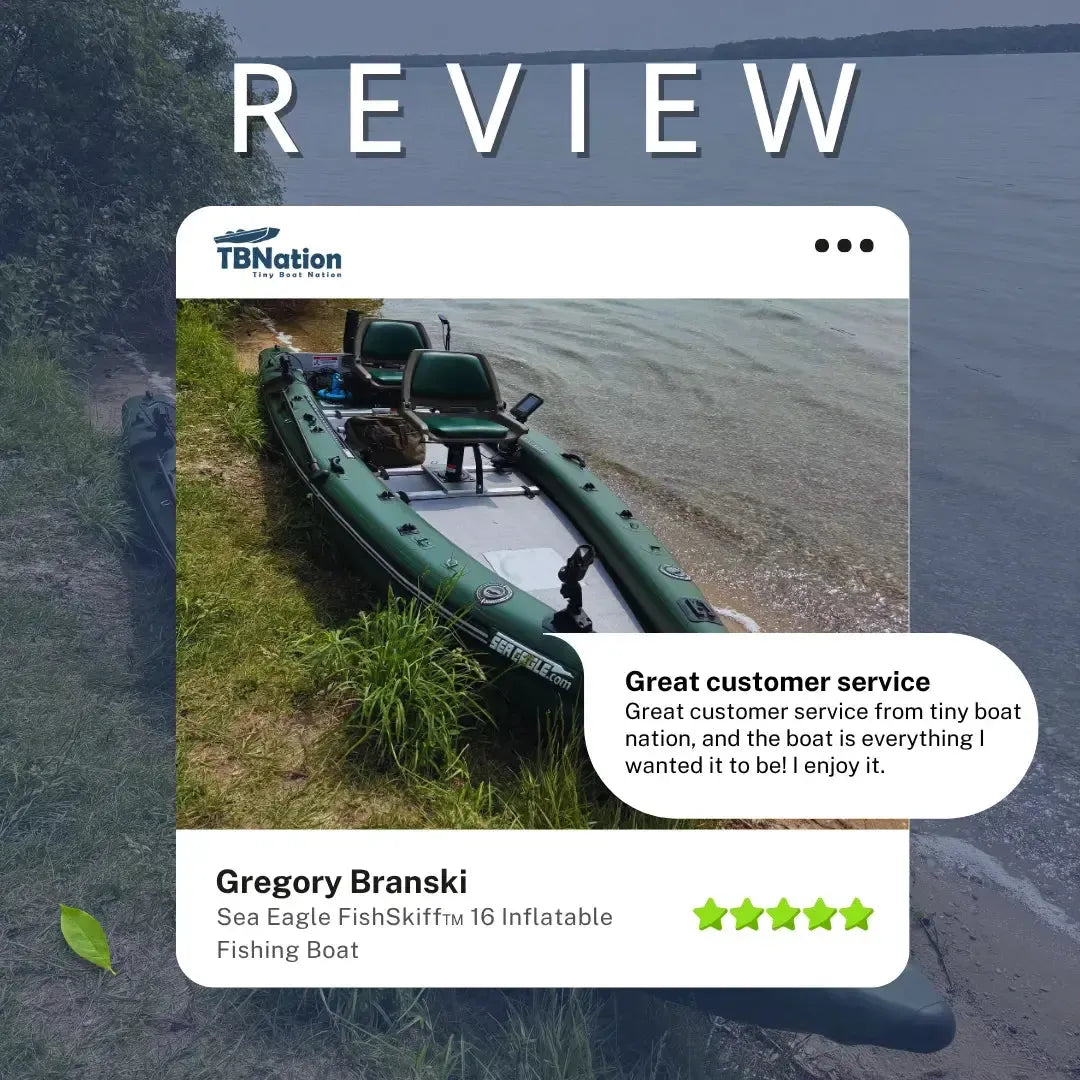 Green Sea Eagle FishSkiff 16 inflatable fishing boat with two seats on a grassy shore.