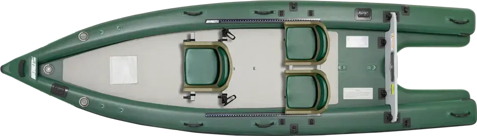 Green Sea Eagle FishSkiff 16 inflatable fishing boat with two olive seats and a gray deck.