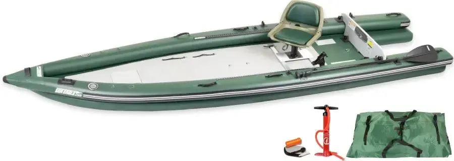 Green Sea Eagle FishSkiff 16 inflatable fishing boat with seat, paddle, pump, and carry bag.
