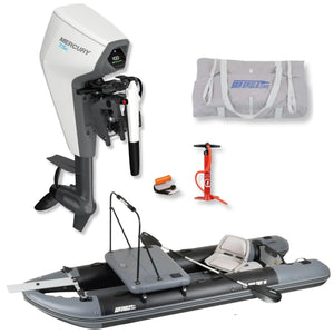 Complete Sea Eagle FishTuff14™ inflatable skiff package featuring the Fish n' Troll setup, Mercury Avator 7.5e motor with battery, carrying bag, hand pump, and accessories on a white background.