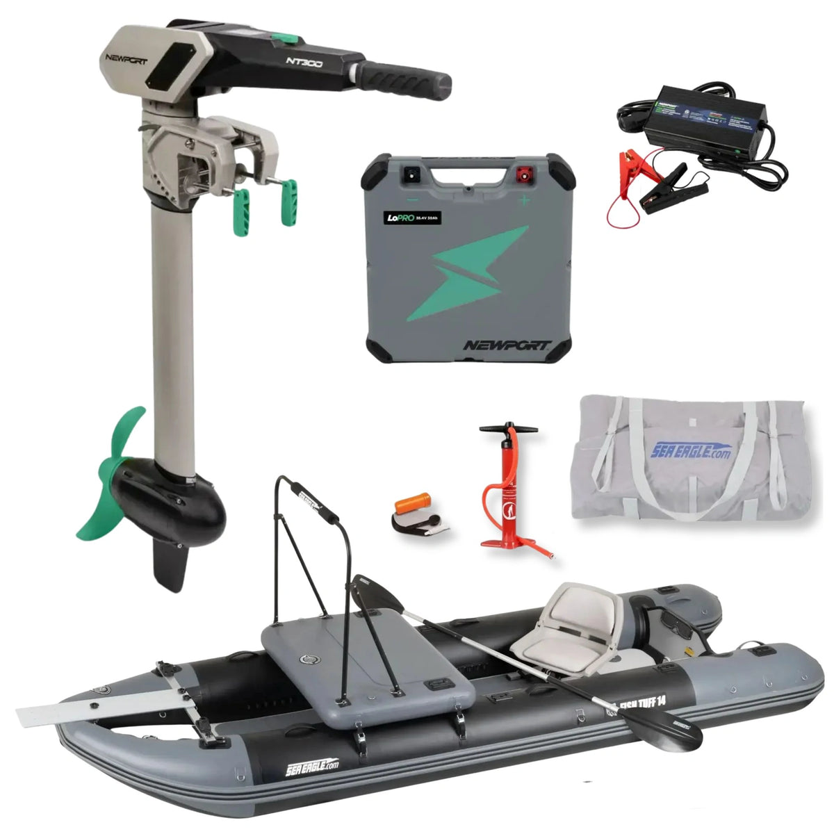 Sea Eagle FishTuff14™ inflatable skiff with Fish n' Troll package, Newport NT300 electric motor, lithium battery, charger, carrying bag, hand pump, and accessories displayed on a white background.
