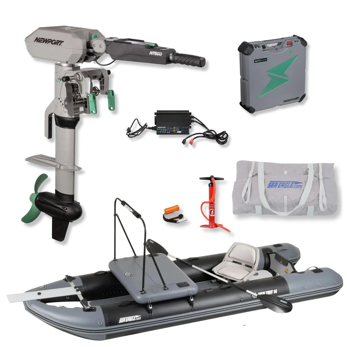 Sea Eagle FishTuff14™ inflatable skiff with Fish n' Troll package, Newport NT600 electric motor, battery, charger, carrying bag, hand pump, and accessories displayed on a white background.