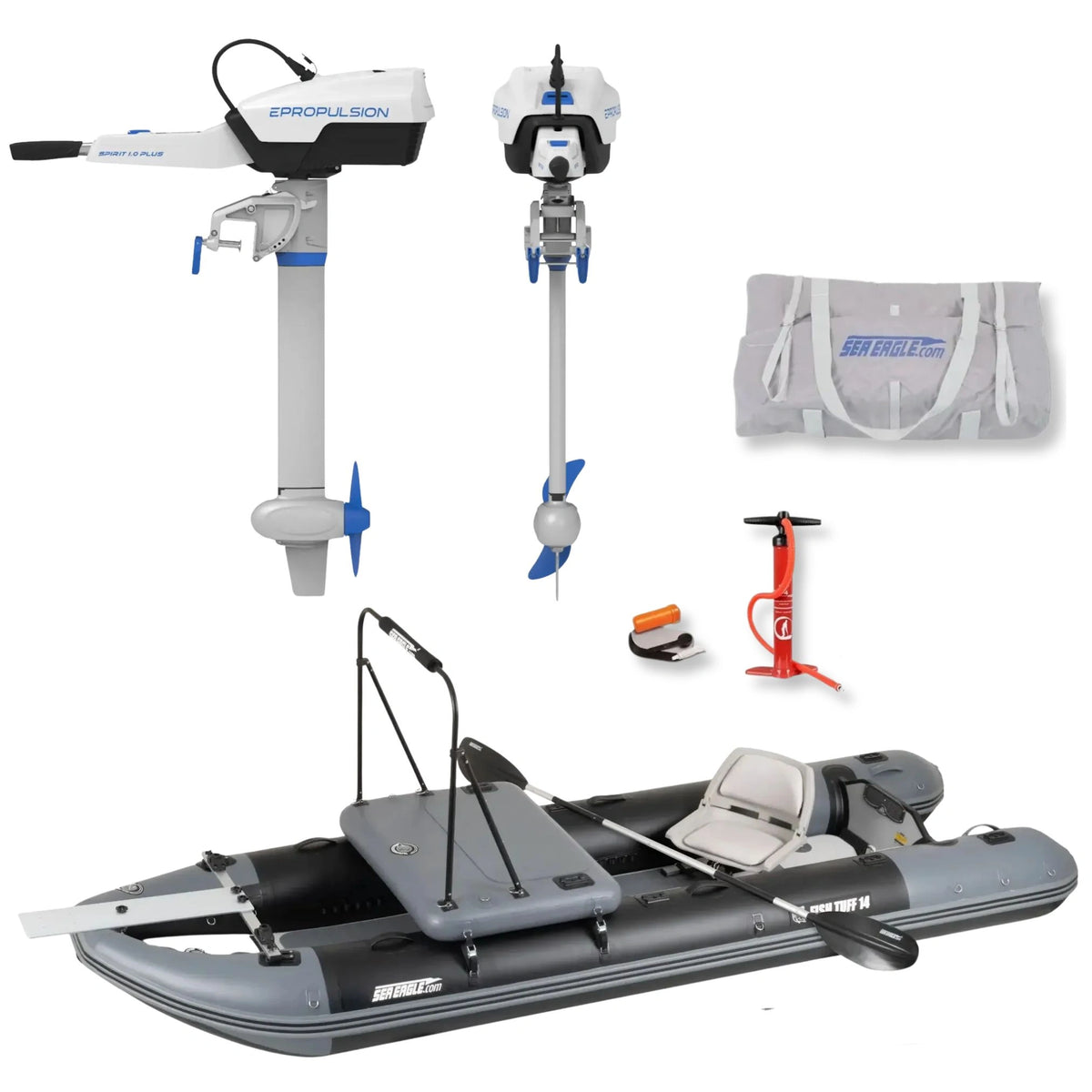 Inflatable fishing boat with two electric outboard motors, a carry bag, hand pump, and accessories displayed on a white background.