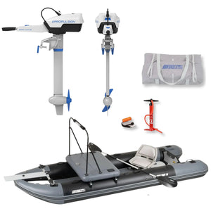 Inflatable fishing boat with two electric outboard motors, a carry bag, hand pump, and accessories displayed on a white background.