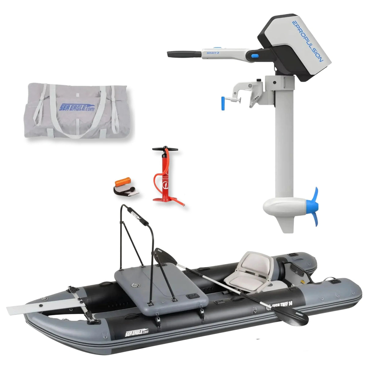 Inflatable fishing boat with an EP propulsion electric outboard motor, carrying bag, hand pump, and other accessories displayed on a white background.