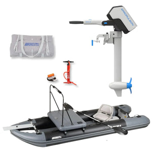 Inflatable fishing boat with an EP propulsion electric outboard motor, carrying bag, hand pump, and other accessories displayed on a white background.