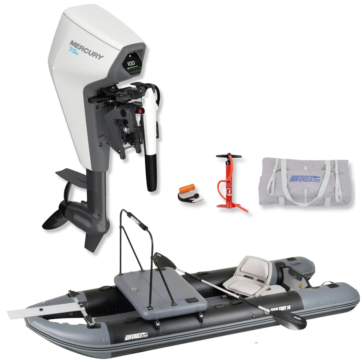 Showcasing the Sea Eagle FishTuff14™ inflatable skiff with Fishing Rig Package, Mercury Avator 7.5e electric motor, battery package, carrying bag, hand pump, and accessories arranged on a white background.