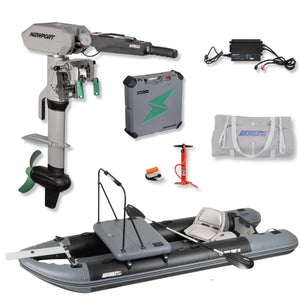 Showcasing a Sea Eagle FishTuff14™ inflatable skiff with Fishing Rig Package, Newport NT600 electric motor, battery, charger, carrying bag, hand pump, and accessories arranged on a white background.