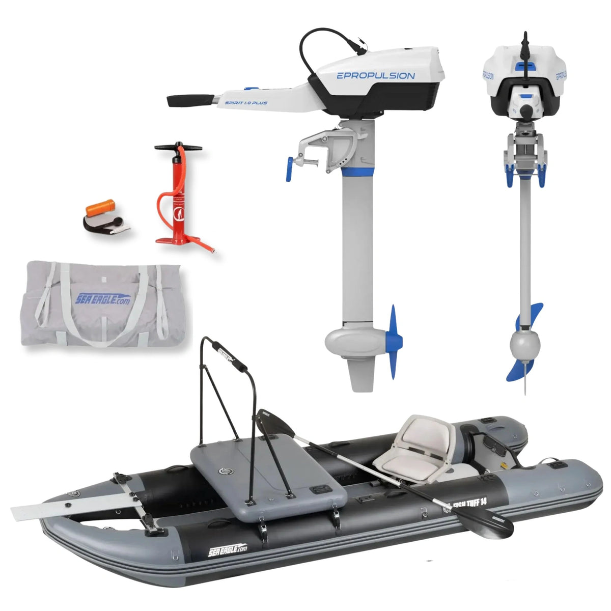 Equipped with a Sea Eagle FishTuff14™ inflatable skiff and Fishing Rig Package, featuring an ePropulsion Spirit 1.0 Plus short-shaft electric motor with battery package, carrying bag, hand pump, and accessories on a white background.