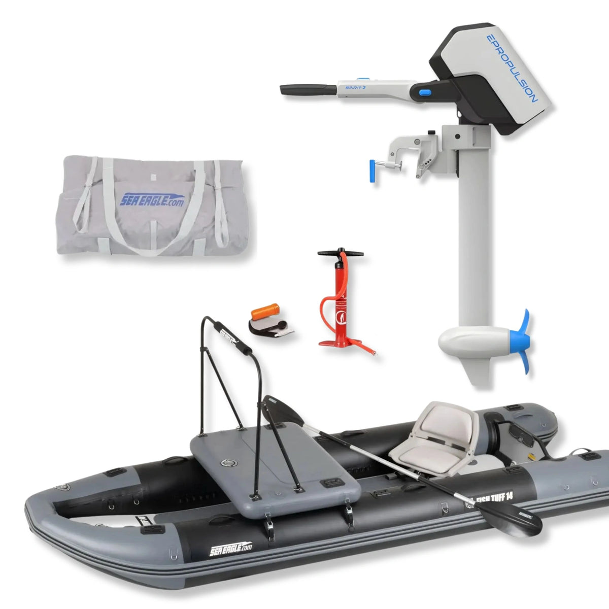 Showcasing a Sea Eagle FishTuff14™ inflatable skiff with Fishing Rig Package, ePropulsion Spirit 2 short-shaft electric motor with battery package, carrying bag, hand pump, and accessories on a white background.