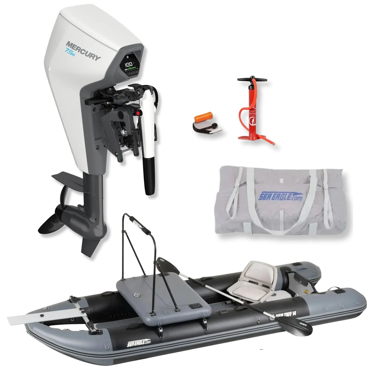Complete Sea Eagle FishTuff14™ inflatable skiff setup paired with a Mercury Avator 7.5e electric motor, battery package, carrying bag, hand pump, and accessories on a white background.