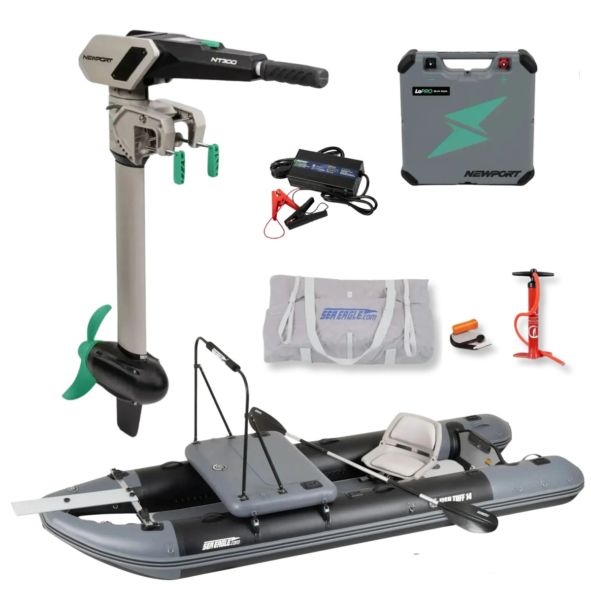Fishing-ready Sea Eagle FishTuff14™ inflatable skiff with Newport NT300 electric motor, battery and charger, carrying bag, hand pump, and included accessories on a white background.