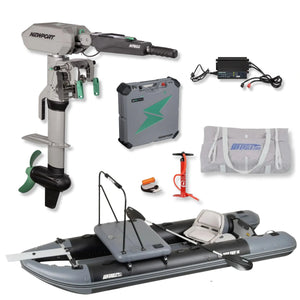 Sea Eagle FishTuff14™ inflatable skiff Startup Package with Newport NT600 electric motor, battery, charger, carrying bag, hand pump, and accessories arranged on a white background.