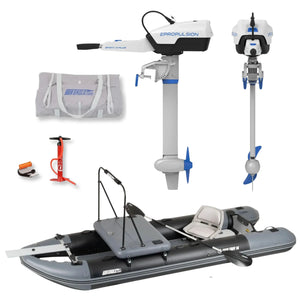 Sea Eagle FishTuff14™ inflatable skiff with Startup Package, ePropulsion Spirit 1.0 Plus short-shaft electric motor with battery, carrying bag, hand pump, and accessories displayed on a white background.