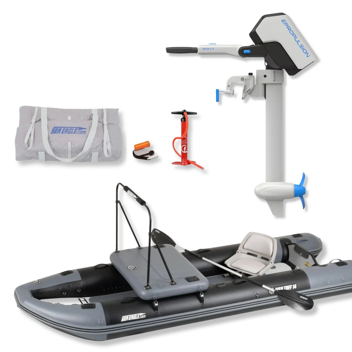 Complete Sea Eagle FishTuff14™ inflatable skiff Startup Package featuring an ePropulsion Spirit 2 short-shaft electric motor with battery, carrying bag, hand pump, and accessories displayed on a white background.