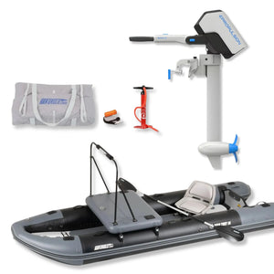 Complete Sea Eagle FishTuff14™ inflatable skiff Startup Package featuring an ePropulsion Spirit 2 short-shaft electric motor with battery, carrying bag, hand pump, and accessories displayed on a white background.