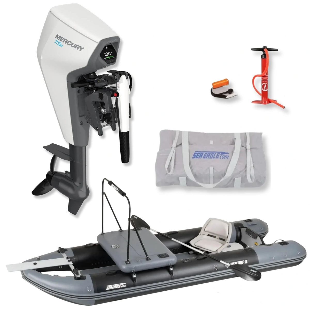 Featuring a Sea Eagle FishTuff14™ inflatable skiff with Swivel Seat Package, Mercury Avator 7.5e electric motor, battery package, carrying bag, hand pump, and accessories displayed on a white background.