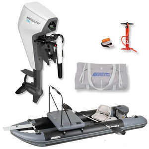Featuring a Sea Eagle FishTuff14™ inflatable skiff with Swivel Seat Package, Mercury Avator 7.5e electric motor, battery package, carrying bag, hand pump, and accessories displayed on a white background.