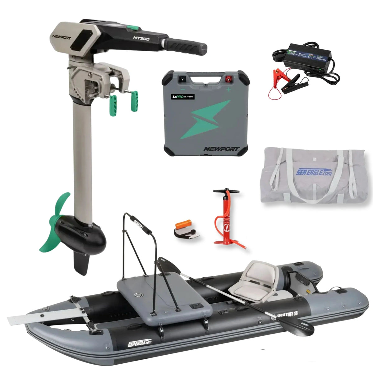 Fishing-ready Sea Eagle FishTuff14™ inflatable skiff with Swivel Seat Package and Newport NT300 electric motor, battery, charger, carrying bag, hand pump, and accessories on a white background.